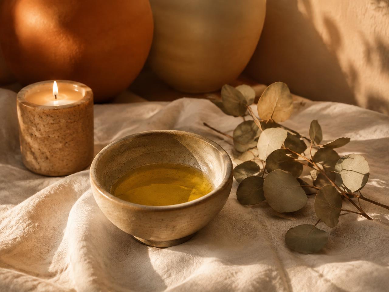 A ceramic bowl of massage oil with a lit candle and dried eucalyptus