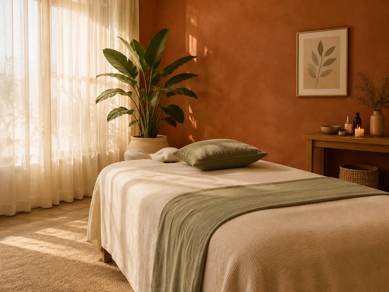 Massage table with a cream blanket and sage cushion beside glowing sheer curtains