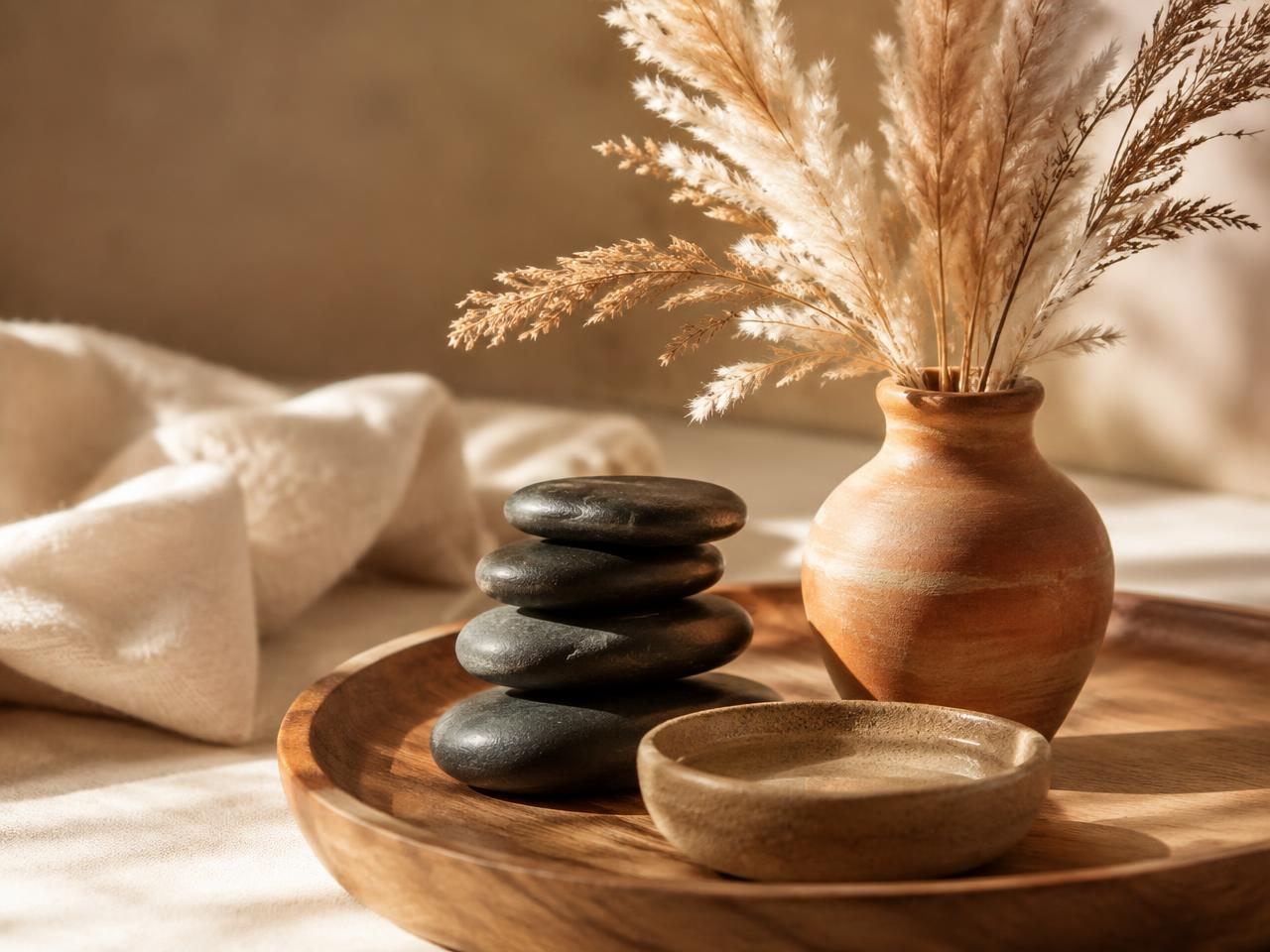 Smooth hot stones and dried pampas grass on a wooden tray