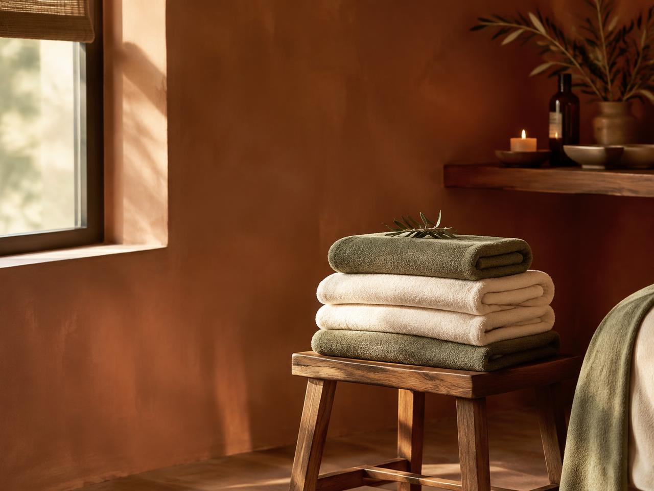 Folded cream and sage towels on a wooden stool in warm window light
