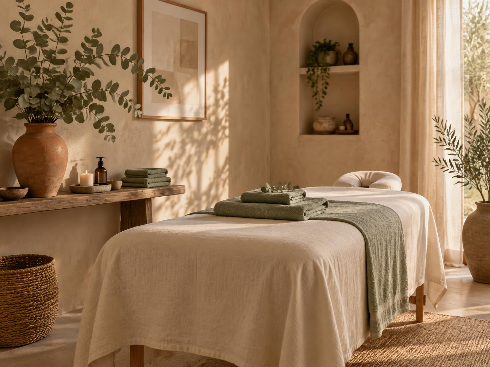 A calm treatment room with cream linens, sage towels and warm afternoon light
